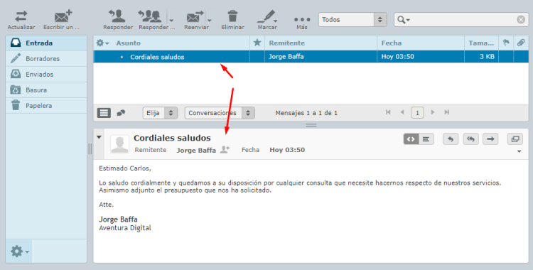 Panel de vista previa de Roundcube