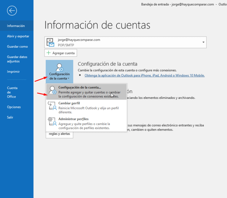 Configuración de la cuenta de correo en Outlook